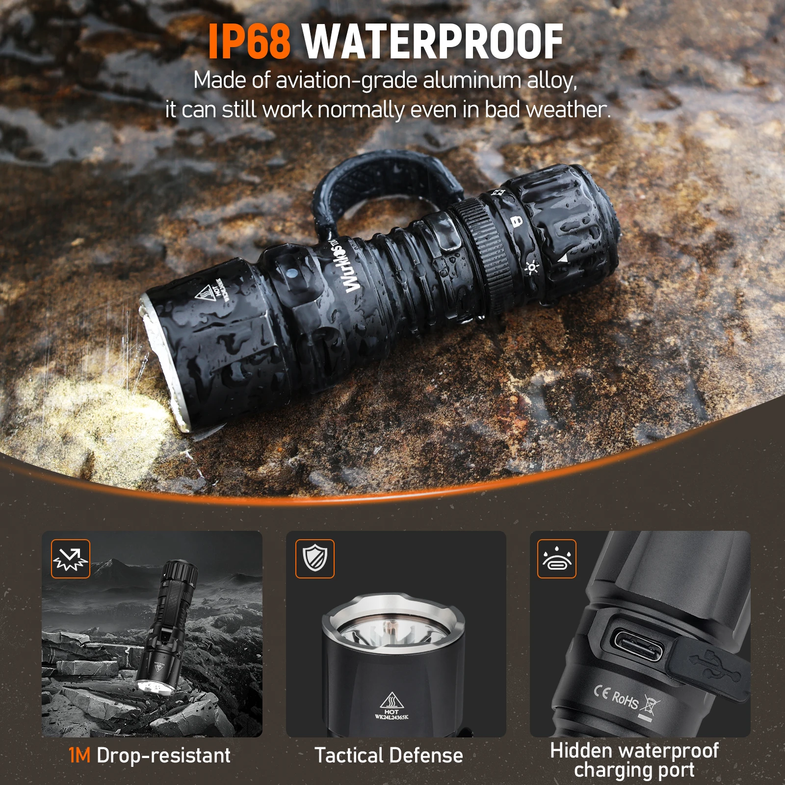 

Wurkkos TD07 Tactical Flashlight 1300LM Range 479m IP68 Rechargeable Torch use 18350 Battery Portable for Camping Patrol Rescue