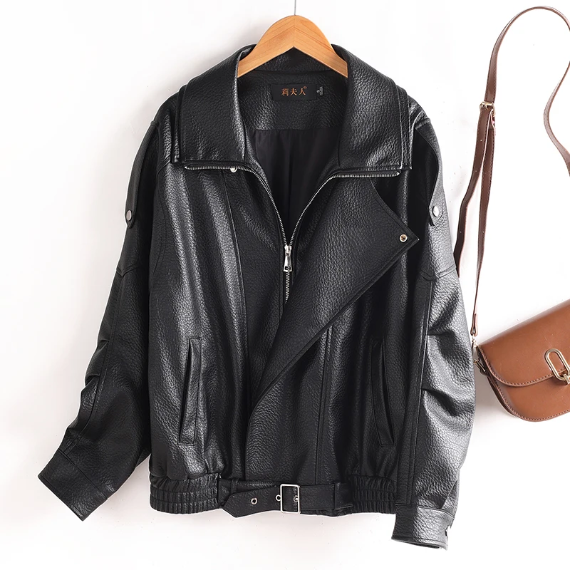 

Spring Autumn New Sle Women's ort Loose Casual eepskin Leather Jaet Large ket Faionable Commute Windbreaker