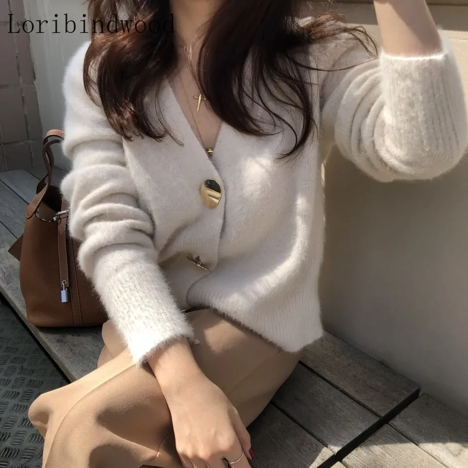 

2021 Autumn And Winter Korea Knitted Sweater Women Cardigans Mohair Thicken Jacket Long Sleeve Single Button Jumper