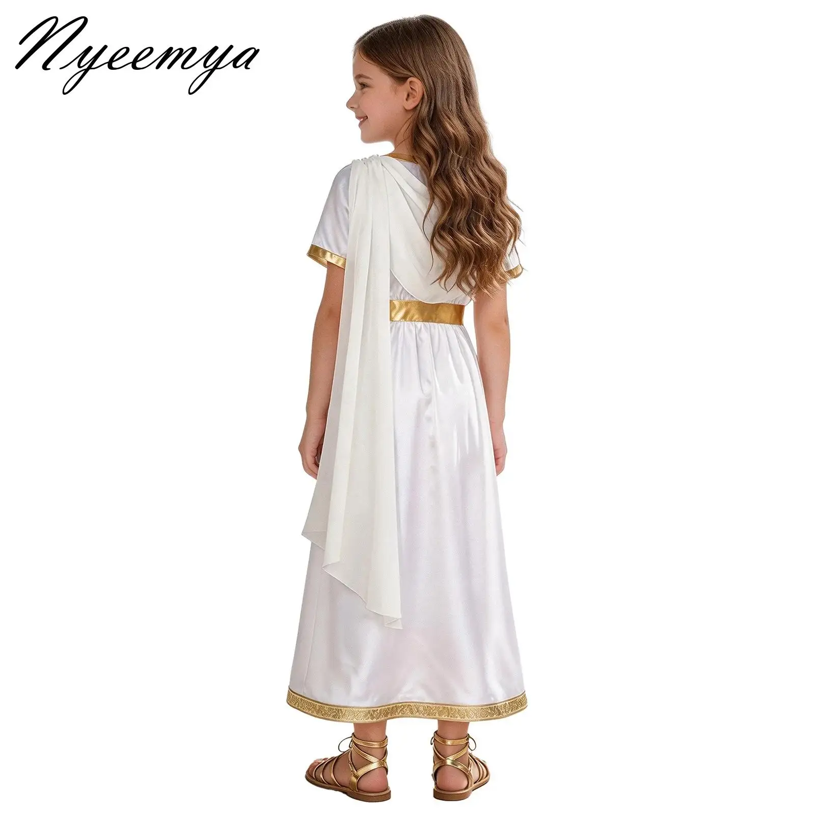 Girls Ancient Greek Princess Dress Draped Flowy Tulle Shawls Toga Satin Robe Goddesses Costume Gown Dress for Halloween Dress Up