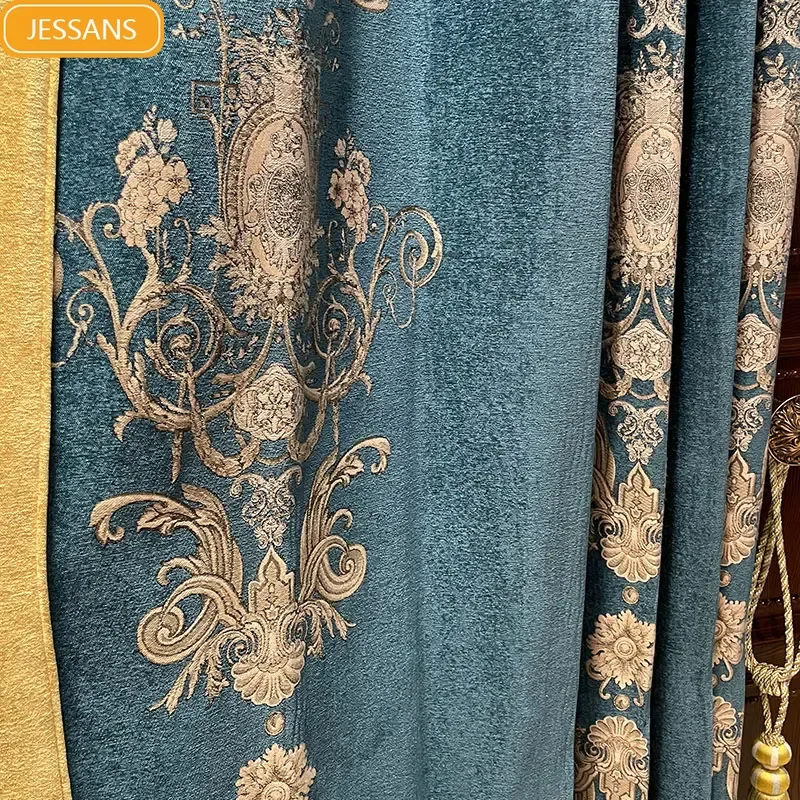 

Синие ретро синельные жаккардовые утолщенные плотные шторы для гостиной, спальни, французского окна, виллы, индивидуальная настройка