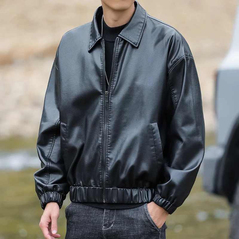 

Облегающие куртки из искусственной кожи с лацканами, осеннее противоветровое кожаное пальто, уличная одежда, новые крутые кожаные куртки, мужские повседневные модные мотоциклетные пальто