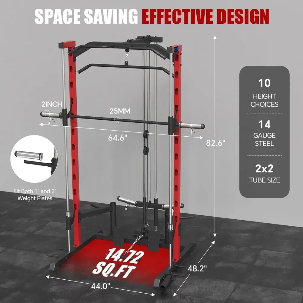 Power Rack with Lat Pulldown, Landmine, Smith Bar, T-Bar Row Handle, TriRope, Ankle Strap, Plate Storage, Band Pegs, and More Tr