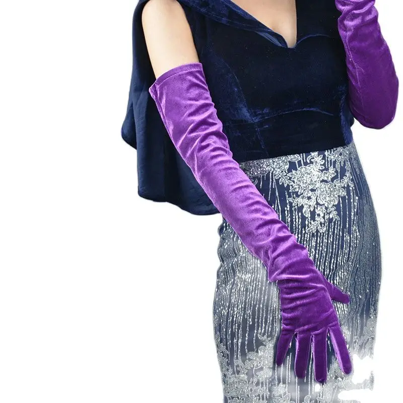 Guantes largos de terciopelo para mujer, guantes de 60cm de largo, color morado oscuro, alta elasticidad, terciopelo de cisne dorado, pantalla