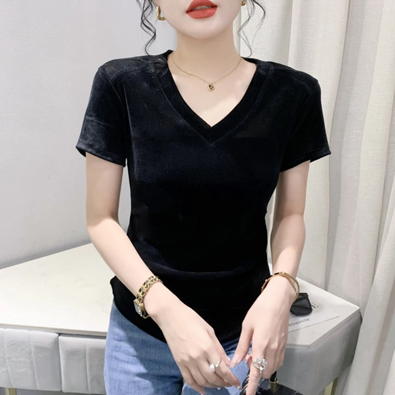 

Black Summer European Style Velvet T-Shirt Women Sexy V-Neck Tops Short Sleeve Draped Bottoming Shirt Simple Tees 2024 New 43715