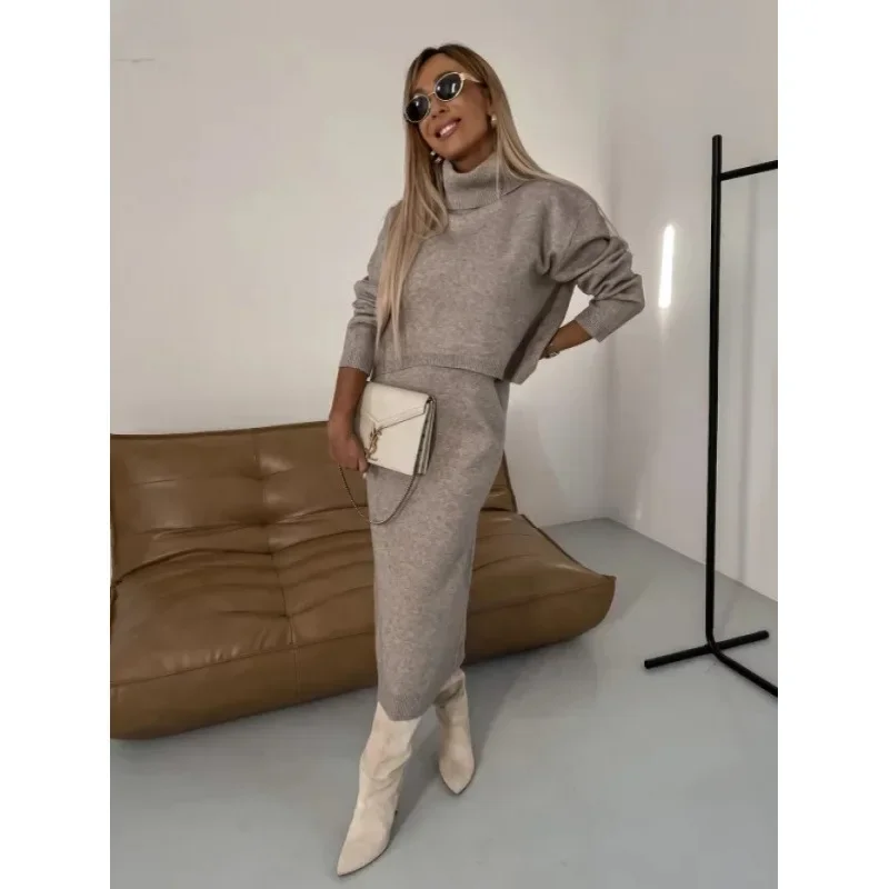 Muslim Knitting Skirts Suit Women 2 Piece Set Pullover Turtleneck Sweater Knitted Skirt Outfits Arab Knitwear Casual Ensemble