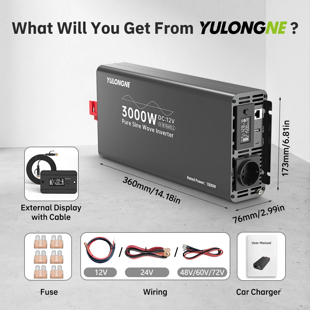 YULONGNE Pure Sine Wave Inverter DC12V Peak 3000W to AC230V EU Socket Converter with External LCD Display for RV Camper Solar Em