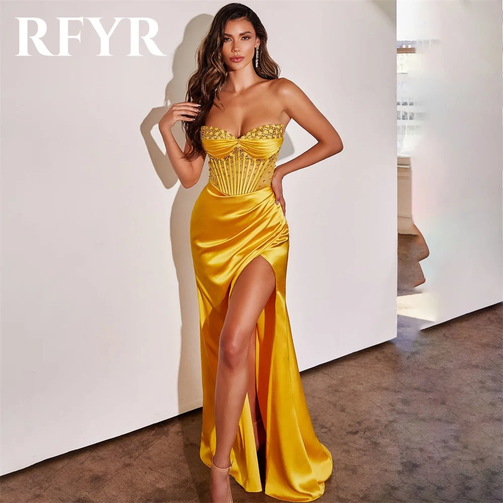 

RFYR Gold Elegant Sweetheart Women Evening Dress Simple Sleeveless with Pleat Split Trumpet Prom Formal Gowns Dress Customized