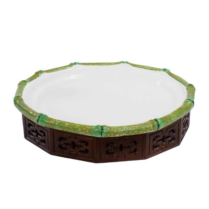 

L Retro Chinese-style green bamboo ceramic disc with base for cooking cold dishes, special tableware