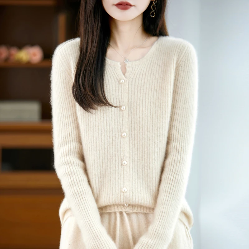 Women's Wool Sweater Spring Autumn Soft Warm Long Sleeve Cardigan Shirt High Quality 100% Merino Wool Knitwear Cashmere Tops