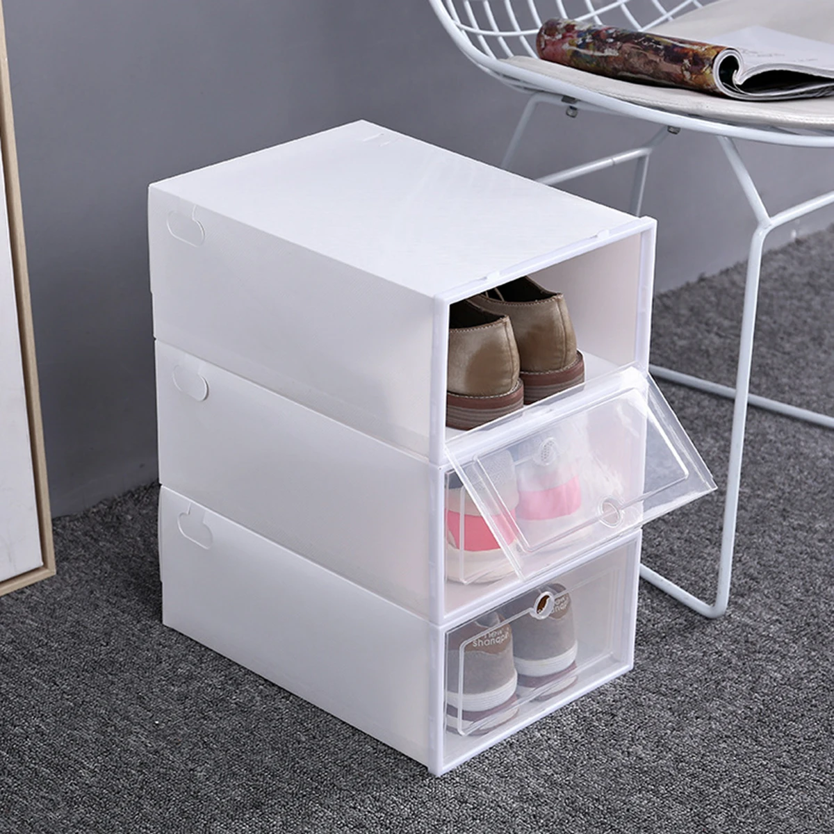 

6Pcs Durable Shoes Box Transparent Design Shoe Organizer Stackable Storage Container For All Footwear Types White Frame Color