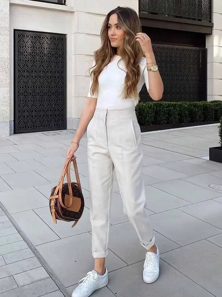 Woman Pants 2023 Chic Fashion Office Wear Pants For Women Vintage High Waist Zipper Fly Female Ankle Trousers Mujer