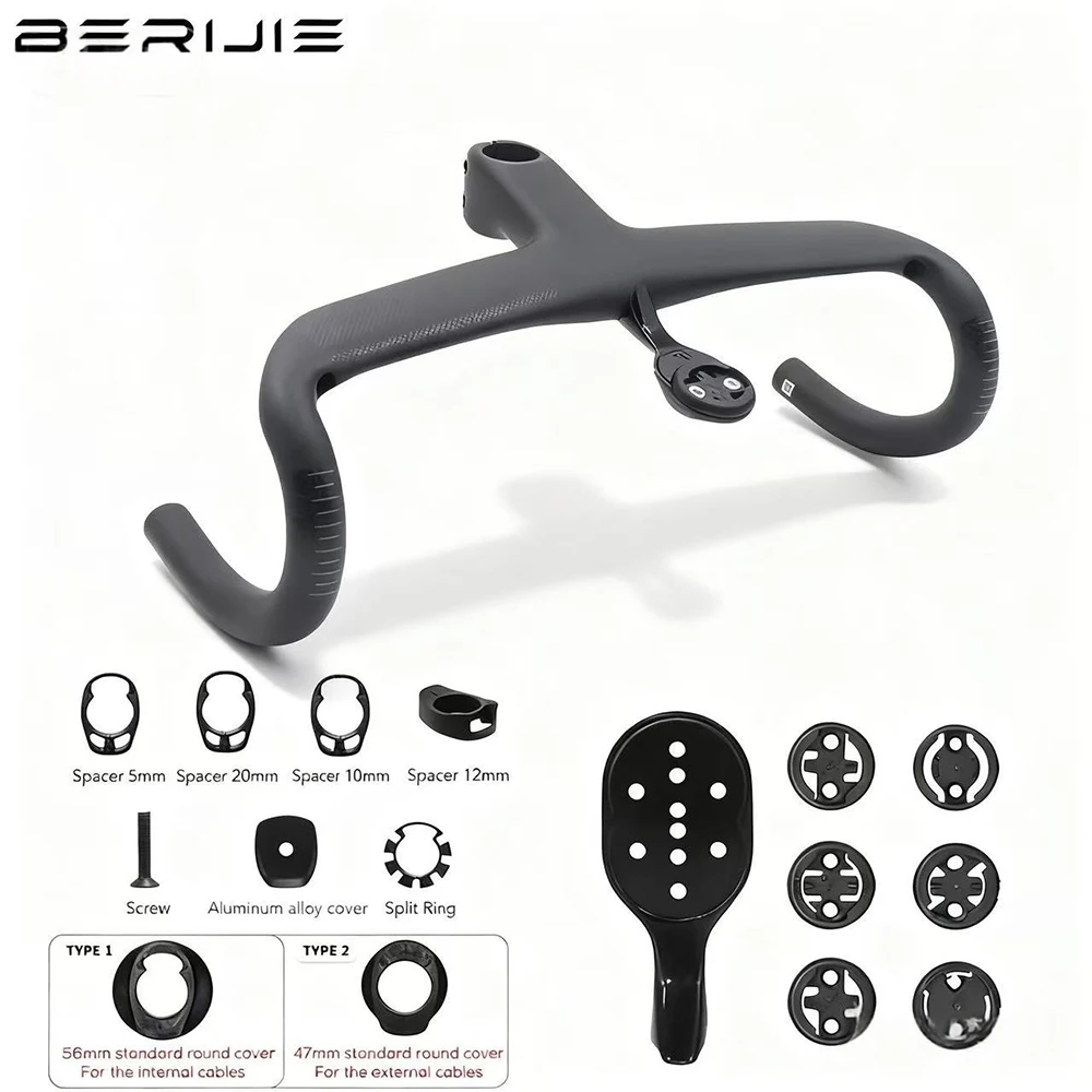 

BERIJIE Full Carbon Road Bike Integrated Handlebar | Cycling Cockpit with Internal Cable, -6° OD1, 47/56mm Round Cap & Spacers