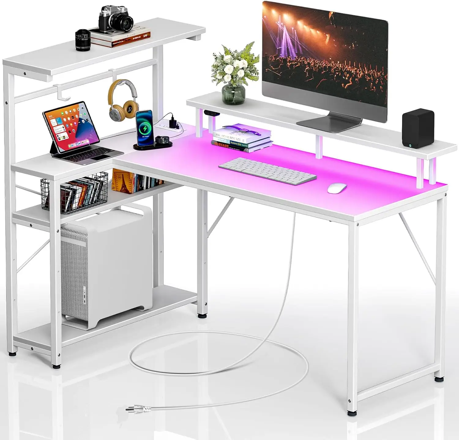 Gaming Desk with Power Outlet and LED Light, Reversible Small Desk with Monitor Stand and 4 Tiers Shelves, 47