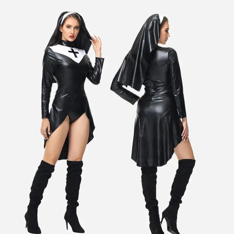 

Панк Sle Nun Костюм Хэллоуин из искусственной кожи holic School orm Женский наряд Готический косплей Faion Spring