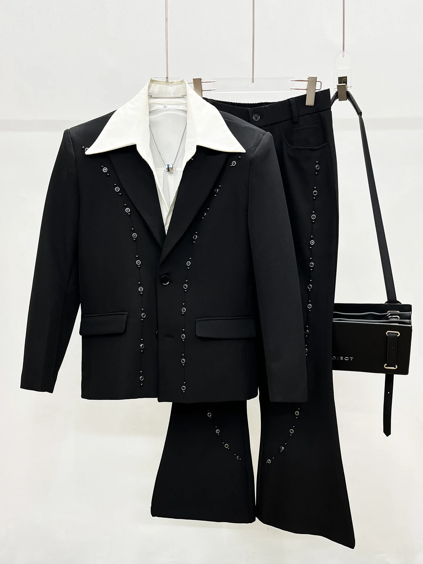 

2025 New Casual Style Men's Suit Set Patchwork Bead Loose Pure Color Shoulder Pad Western Style Coat Youth Trend Autumn Wear