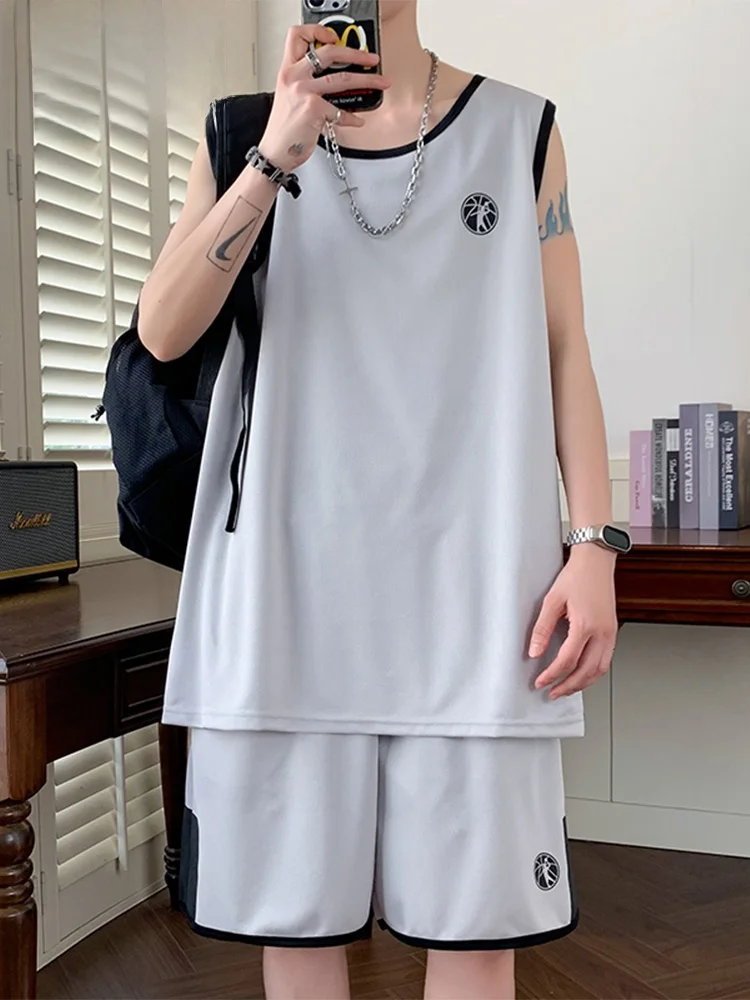 MoChao Summer Casual Sportswear Set Men's Loose Versatile Large Size Sleeveless Vest Shorts Two-Piece Set Polyester Fiber