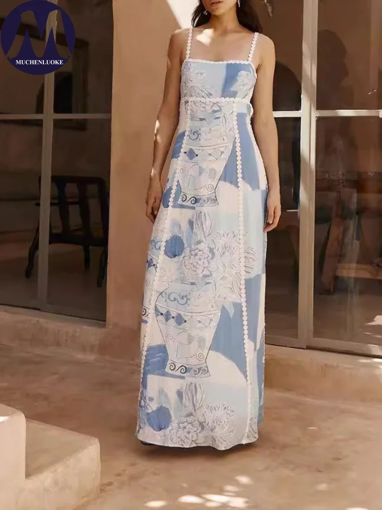 

Elegant Womens Dresses 2025 Summer New Printed Boat Neck Sleeveless Suspender Dress Fashionable Slim Fit Bow Lace Up Dresses