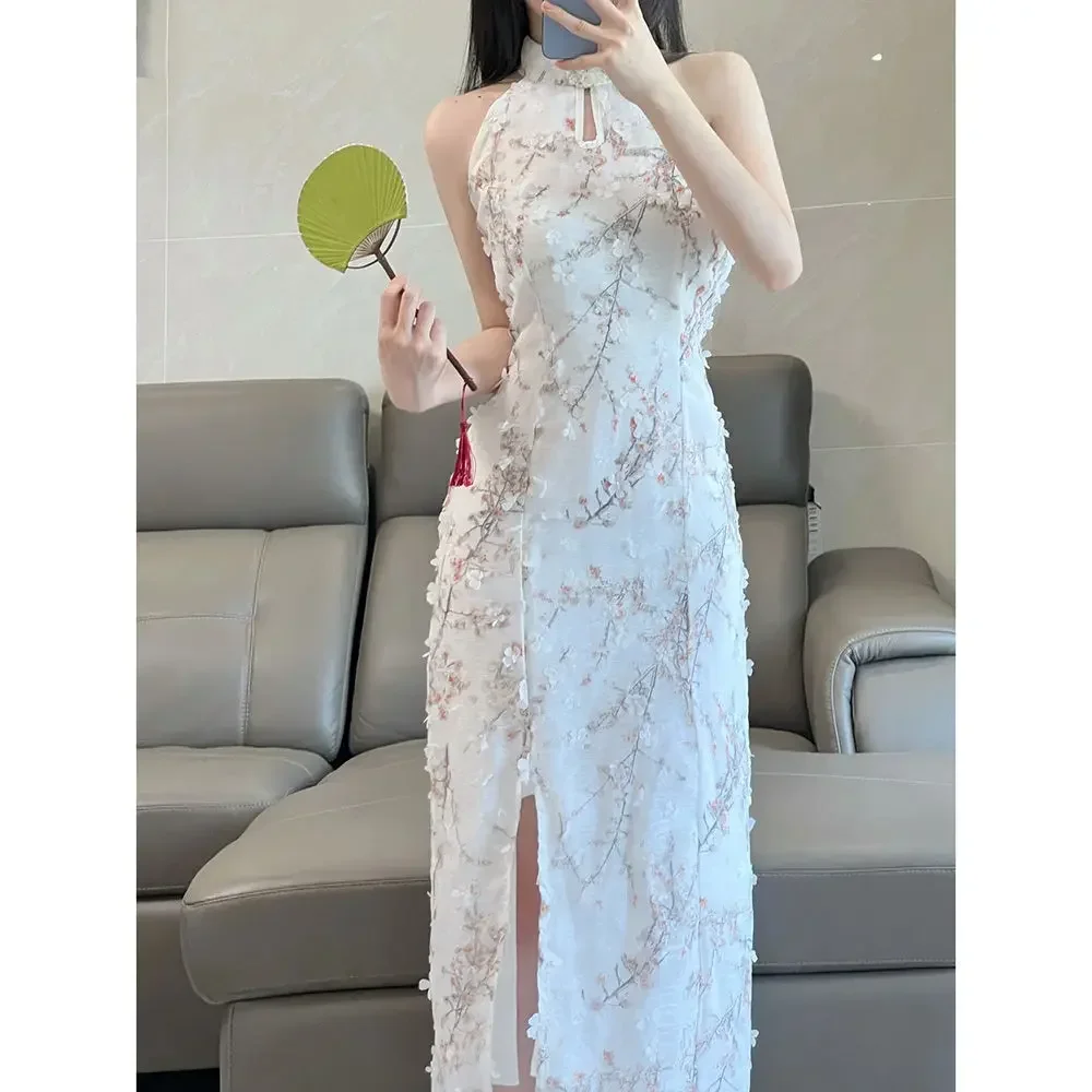 

Improved Chinese Qipao Sleeveless Halter Neck Cheongsam Dress Slim Bodycon Elegant Sexy Summer Wear Party Performance Clothing