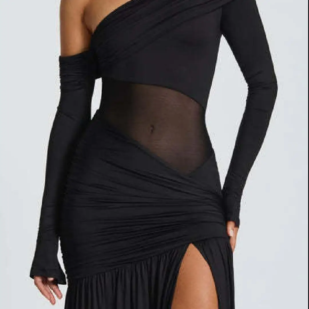 2025 г., женское сексуальное длинное платье из сетки на одно плечо со сложенной талией и открытыми плечами