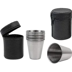 4-piece stainless steel water glass with black leather carrying case Outdoor Camping Practical Travel Whiskey wine glass