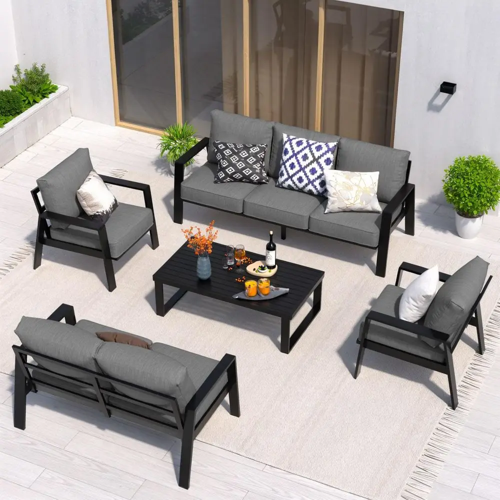 

Outdoor Patio Furniture Set, 5 Piece Sectional Coversation Sets with Coffee Table, Modern Outdoor Sofa Couch with Thick Cushion