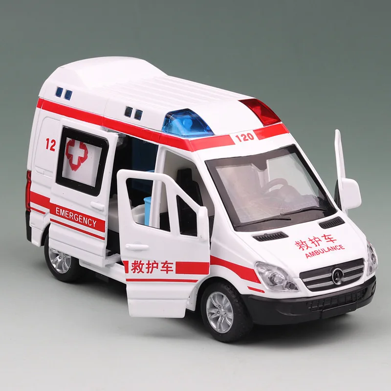 1:32 Ambulance politieauto Model Auto Speelgoed Legering Diecast Voertuig Deuren Geopend Rubberband Geluid Licht Trek Kid Gift