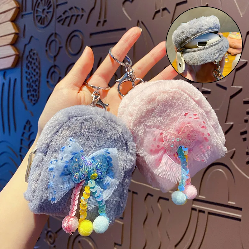 Cute Plush Bow Keychain Coin Purse Bag Kawaii Earphone Coin Storage Backpack Pendant Toys Dolls Kids Girl Gift