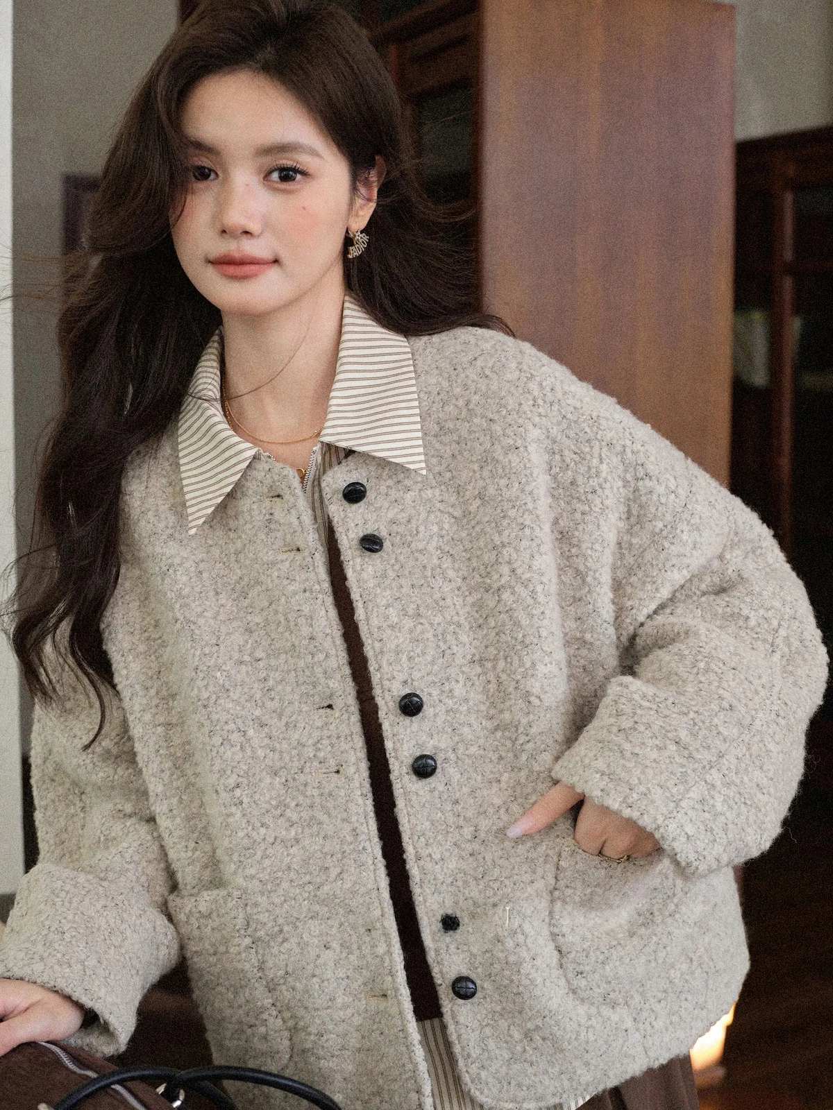 

Southbound Deer Winter Woolen ort Jaet Women's Autumn Winter Small Size Coat Khaki Tweed Long Sve Loose Fit Coat