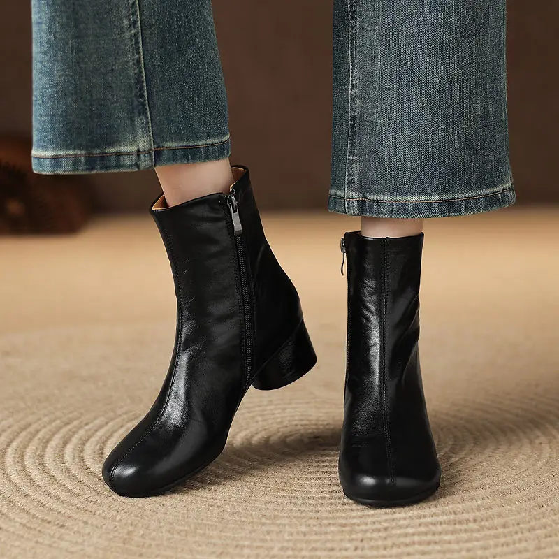 NEW Autumn/Winter Women Boots Genuine Leather Shoes for Women Round Toe Chunky Heel Shoes Zipper Short Boots Concise Daily Shoes