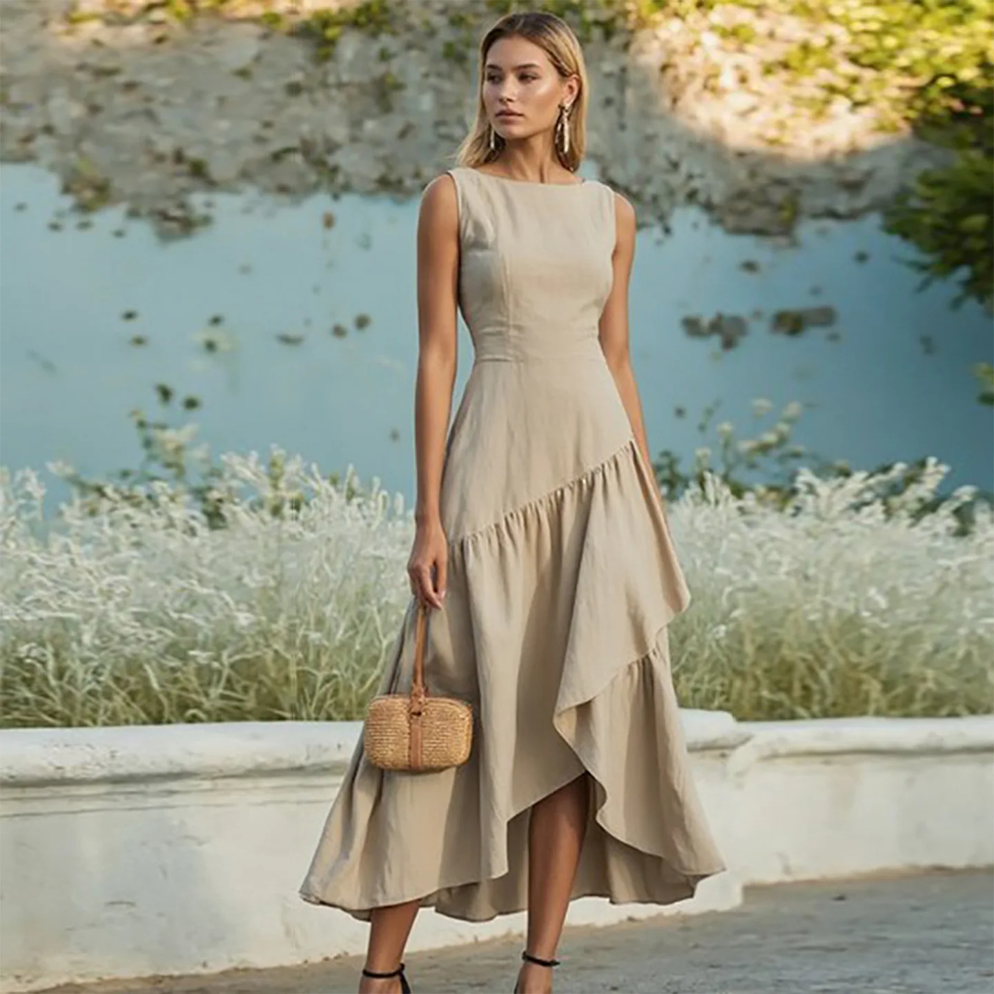 2025 nova moda plissado sem cintura vestido sem mangas para mulheres verão casual cor sólida vestidos irregulares para mulher