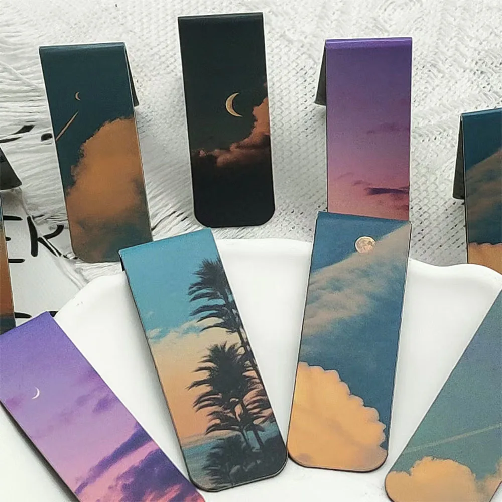 5PCS Twilight Whispers Magnetic Bookmark Student Stationery Creative Gifts Page Break Reading Tags Sunset Scenery Read The Card