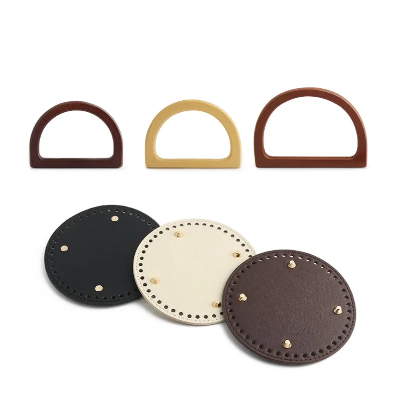1/2/4 Set Oval Leather Bag Base and D-Shaped Wooden Handle Accessory Kit — DIY Supplies for Hand-Woven Bags and Handbags