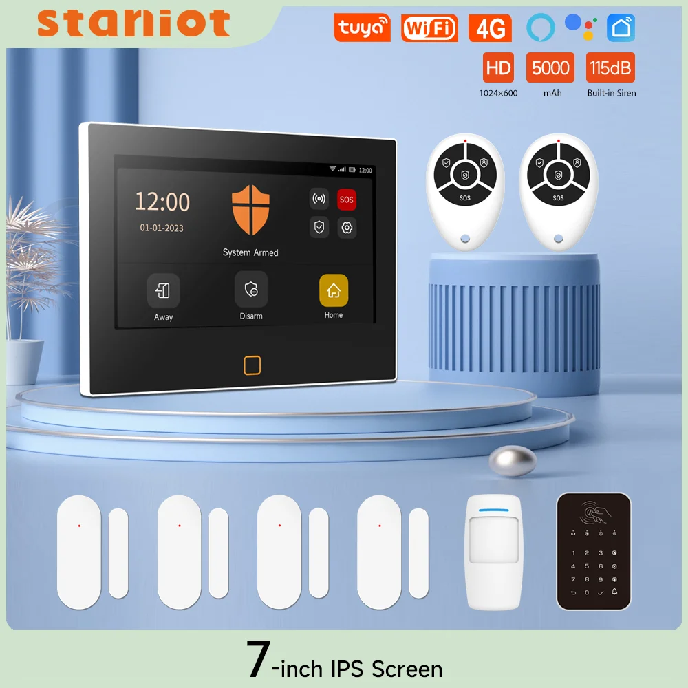 Staniot 무선 와이파이 HD 알람 시스템, 7 인치, 4G Tuya 스마트 홈 보안 보호 기능, 알렉사 구글 앱 원격 제어 