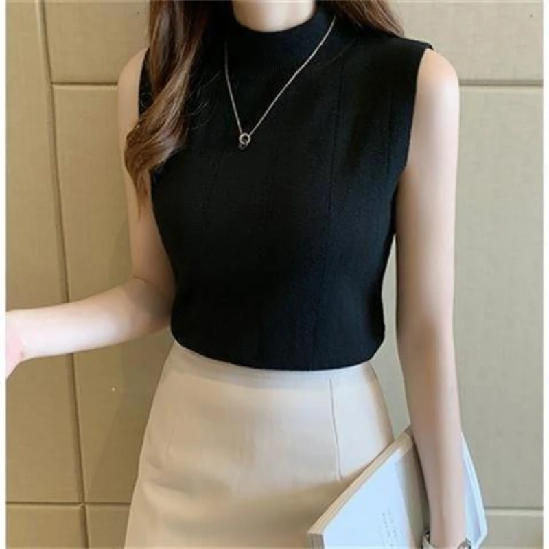 Summer New Korean Fashion Half Turtleneck Ladies Tops Women Tops Casual Clothes Sleeveless Solid Women Blouse Knit Elastic