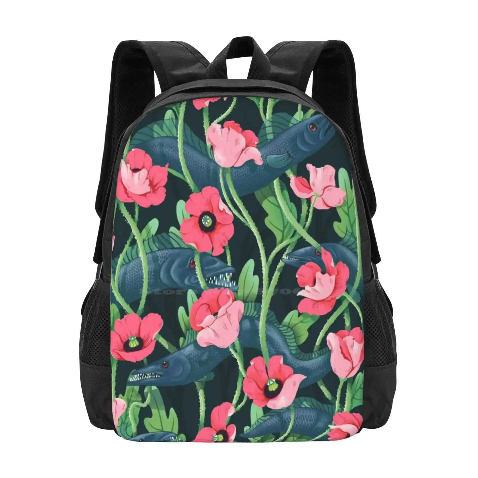 Barracuda - Midnight Hot Sale Schoolbag Backpack Fashion Bags Barracuda Eel Fish Poppy Flower Nature Pattern Seamless Pink