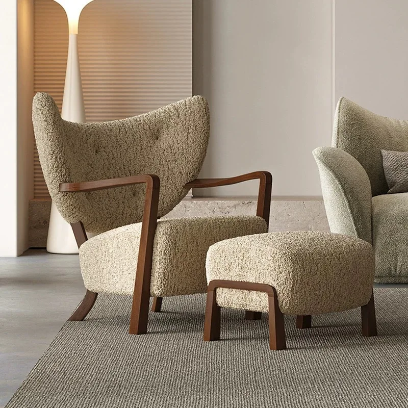 Medieval style, leisure chair designer French retro homestay living room solid wood lamb wool single sofa chair