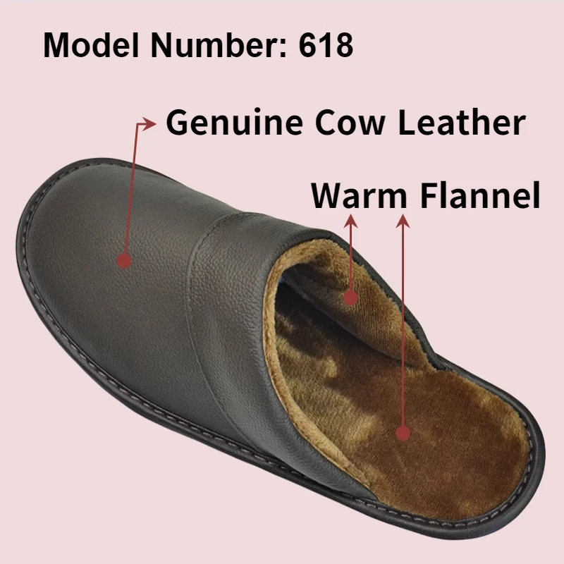 Genuine Cow Leather Slippers Winter plush flannel Homes in indoor slipper men women elderly non-slip casual warm shoe