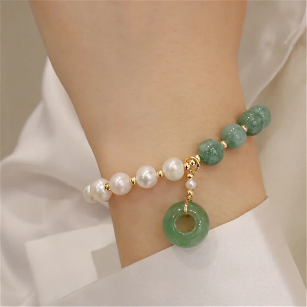 Myanmar Jade Freshwater Pearl Ladies Beaded Bracelet Green Aventurine Safety Buckle Pendant Romantic Party Jewelry Gift