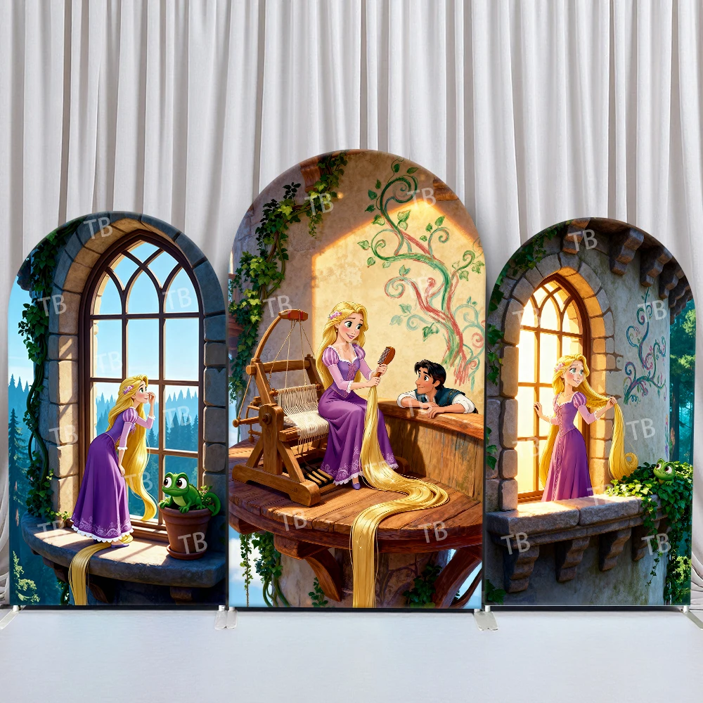 

Disney Rapunzel Arch Backdrop Cover Birthday & Baby Shower Castle Window Loom Theme Kids Party Photo Booth Decor