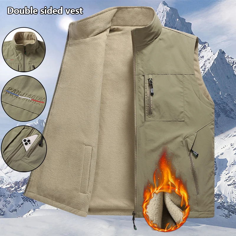 

Men's Double-Sided Vest Parka Jacket Fleece Thick Multi-pocket Cargo Jacket Windproof Waterproof Durable Warm Casual Outerwear
