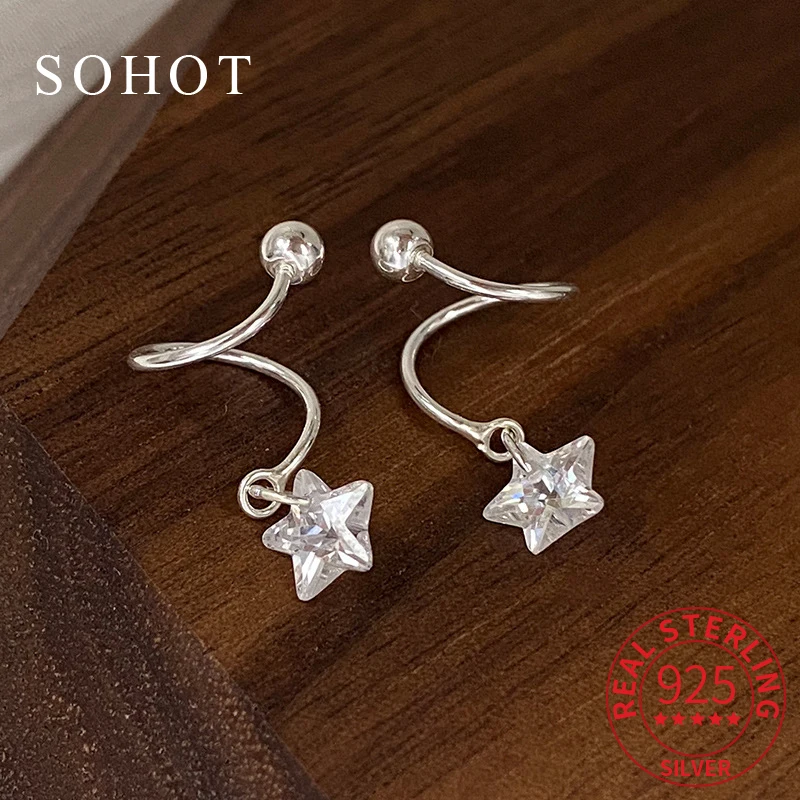 

Real 925 Sterling Silver Piercing Screw Bead Star Pendant Curved Stud Earrings for Charm Women Cute Fine Jewelry Accessories