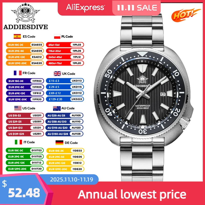 

ADDIESDIVE 2025 Новые часы для дайвера с черепахой 200 м Водонепроницаемые роскошные сапфировые кварцевые часы Miyota 2115 BWG9 Светящиеся часы для мужчин
