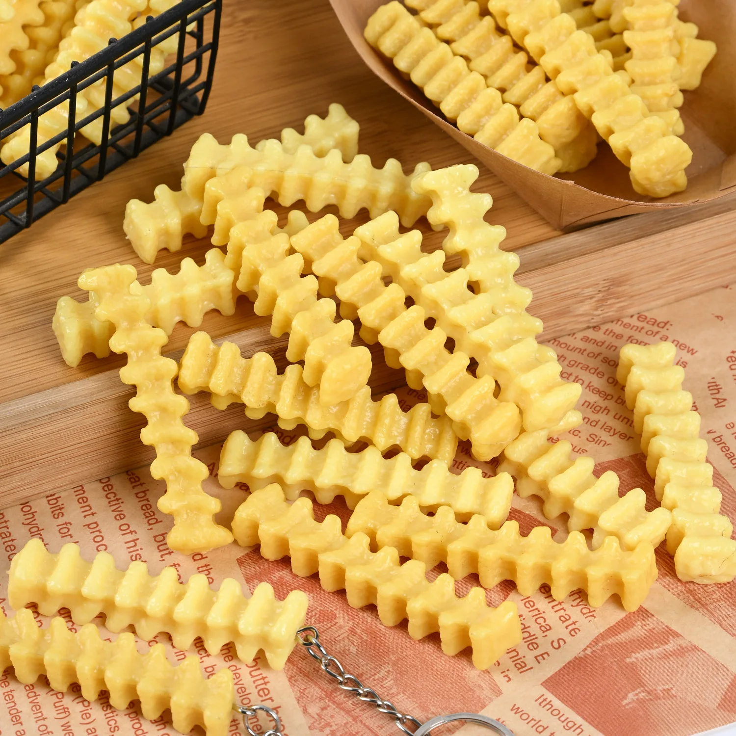 3pcs Realistic French Fries Crinkle Cut Fries Wavy Potato Chips Food Model Keychain Desktop Decoration Ornament DIY Accessory