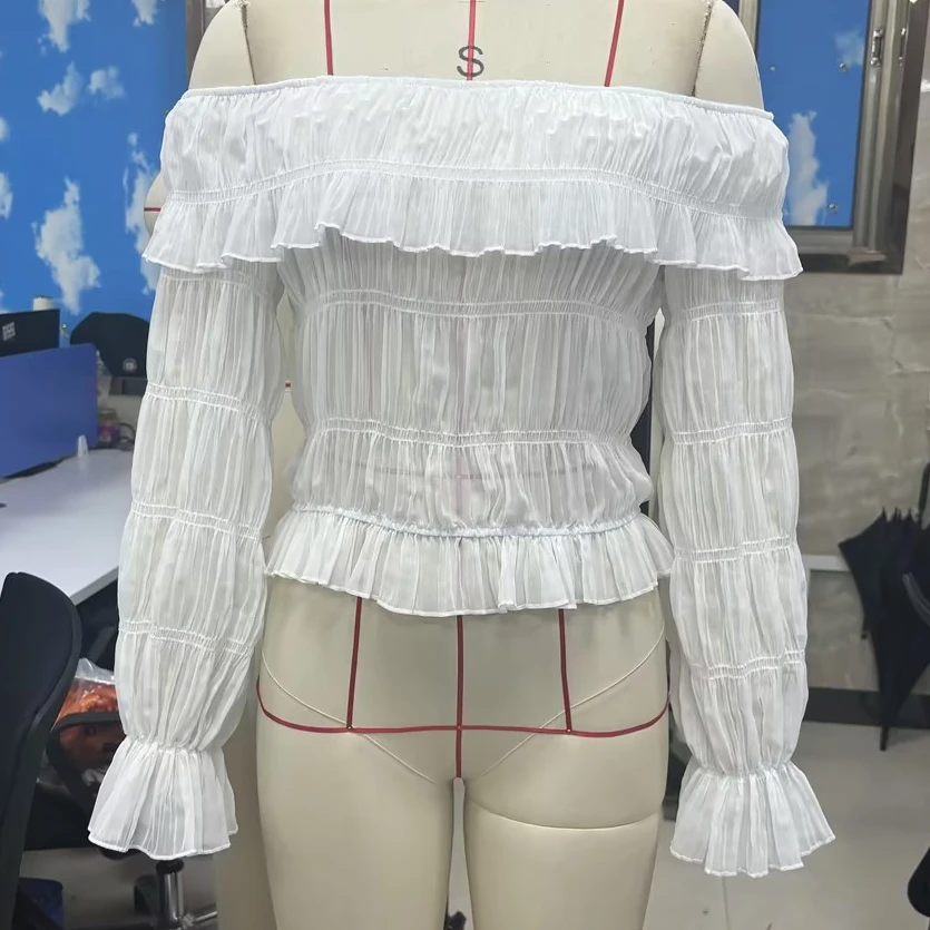 

Womens Off the Shoulder See through Blouse Casual Stylish Sheer Shirred Solid Ruffled Trim Long Sleeve Tops for Fall