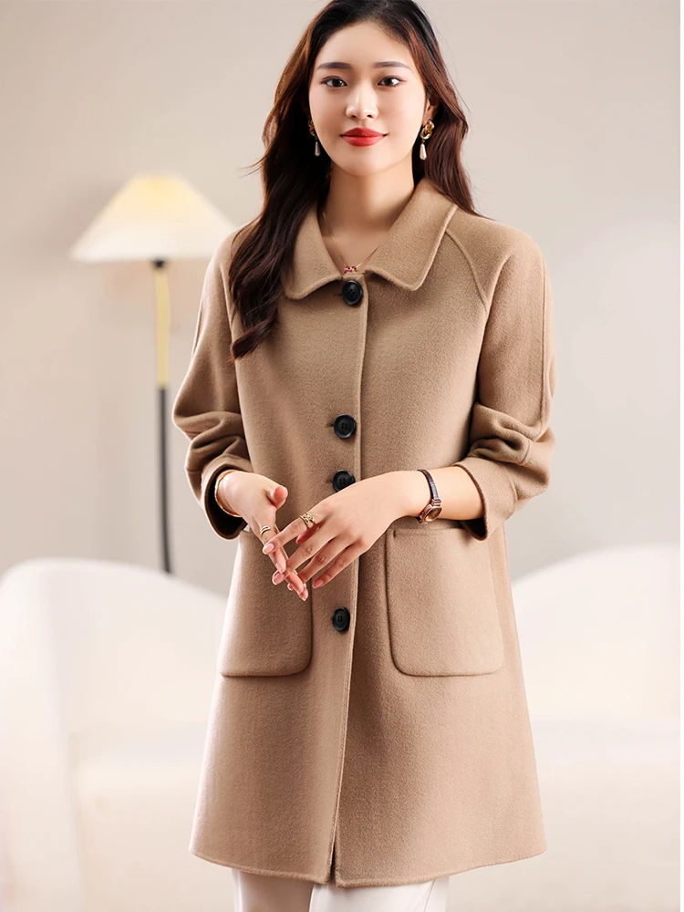 

Autumn and winter new 100% pure wool double-sided intimate women's mid size doll collar solid color coat [returns not allowed]