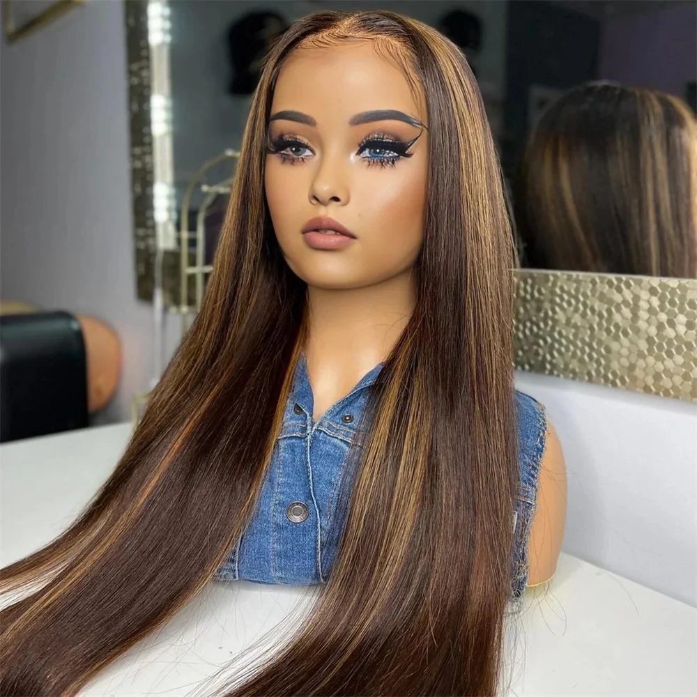 Soft 180%Density Long 26Inch Highlight Blond Straight Lace Front Wig For Women With Baby Hair Preplucked Daily Wig Fashion