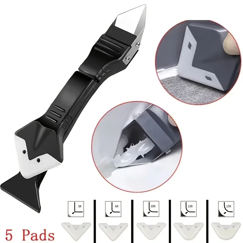 5-in-1 Silicone Scraper Set Sealant Caulk Remover Kit 5 Pads Ergonomic Handle for Floors Glass Non Electric Smooth Surfaces