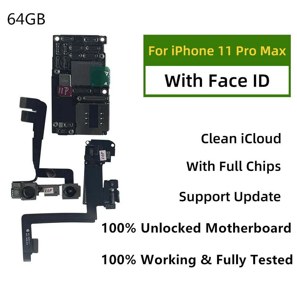 100% Unlocked Motherboard For iPhone 11 pro max Mainboard With/NO Face ID clean iCloud Logic Board Full Chips Support IOS update