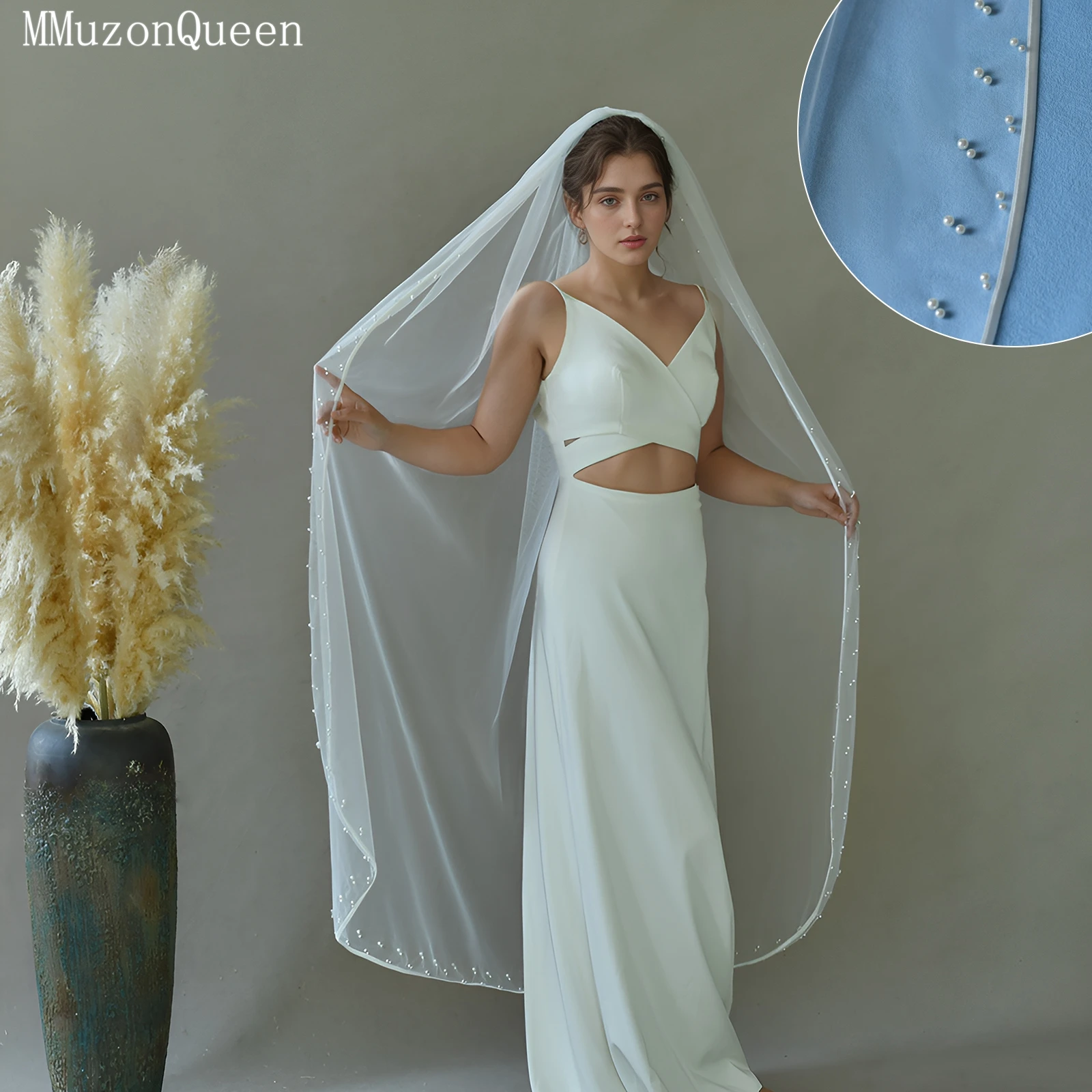 

Доступная по цене свадебная фата TOPQUEEN для гражданской церемонии, однослойная, длиной до пола, белая, с атласным краем и жемчугом, V292